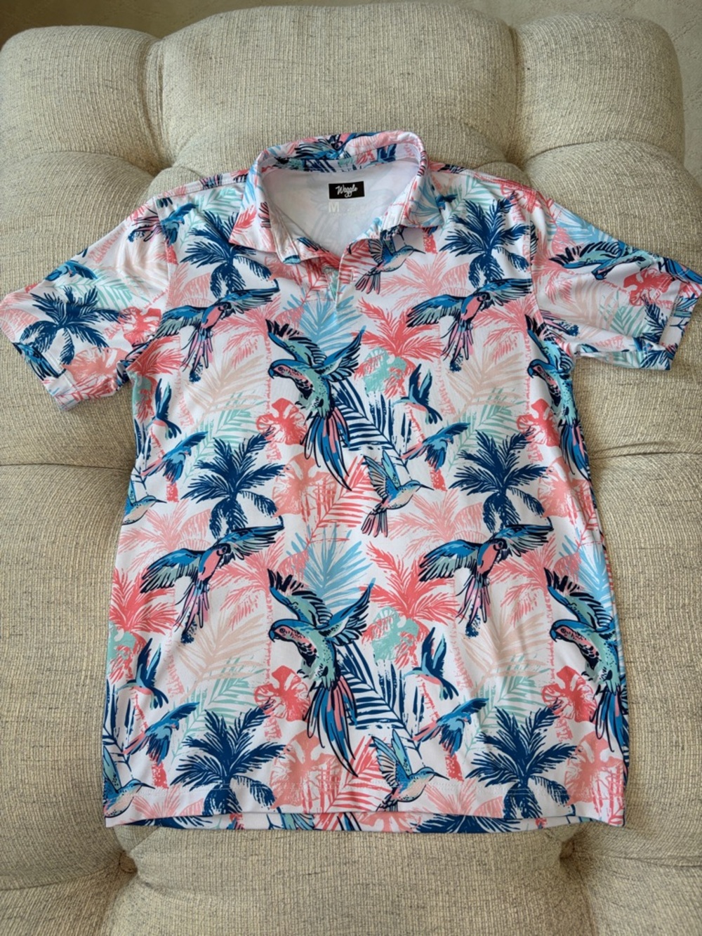 Waggle Gold Polo. Tropical Parrot Print Short Sleeve Shirt - Pink/Blue